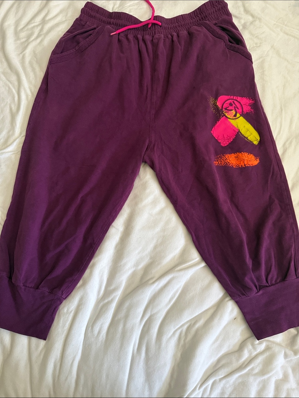 Zumba Fitness Women’s Purple Capri Joggers with Neon Pink & Neon Yellow Accents